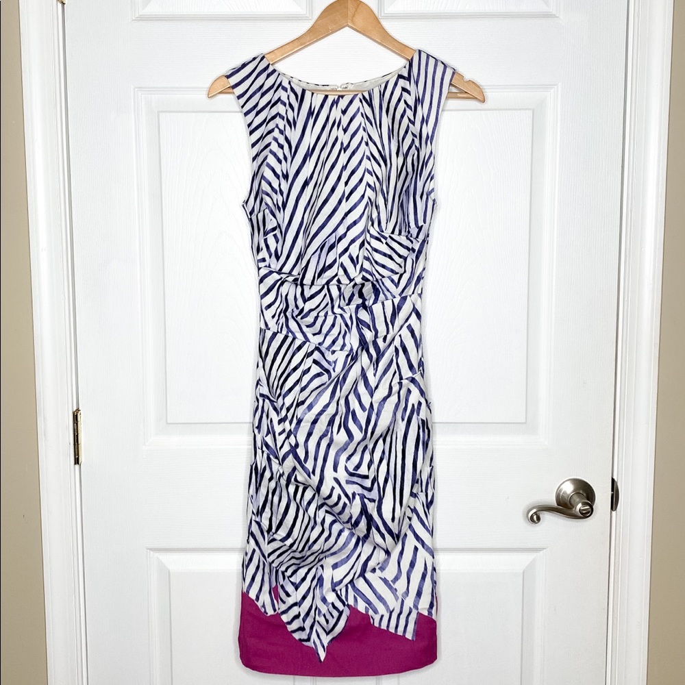Sleeveless Navy Zebra-Print Shift Dress with Magenta Hem